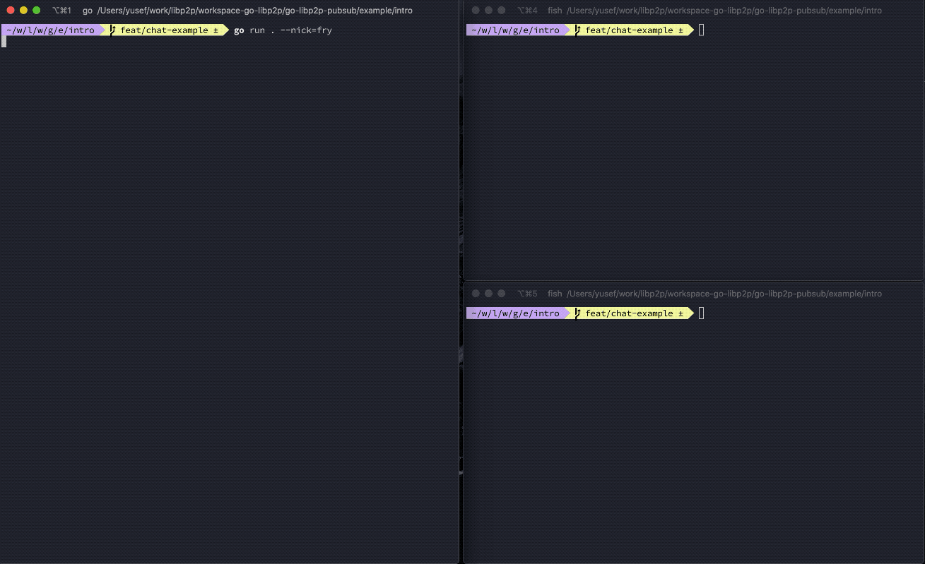 An animation showing three terminal windows, each running the example application.